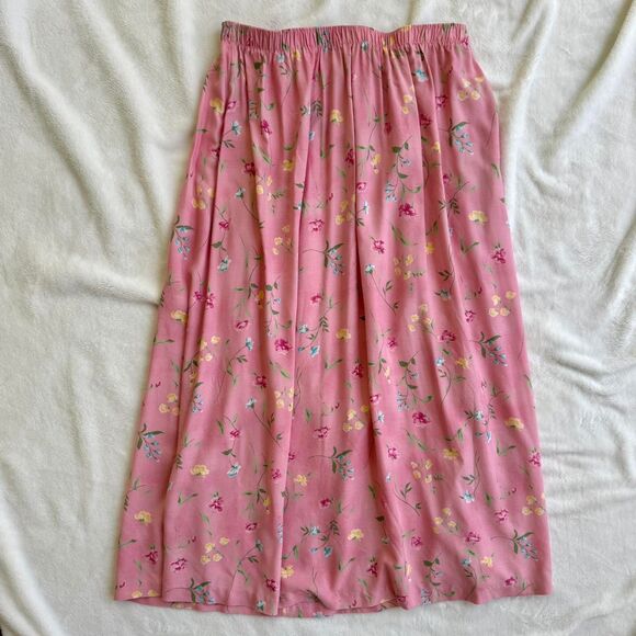 VTG Pink Floral Midi Skirt Cottagecore - Picture 1 of 5